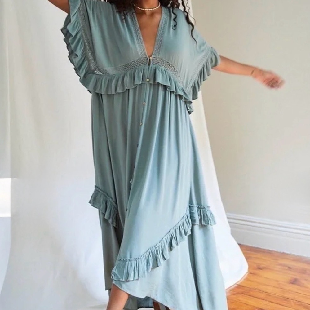 Free People Sage Blue Ruffled Maxi Dress